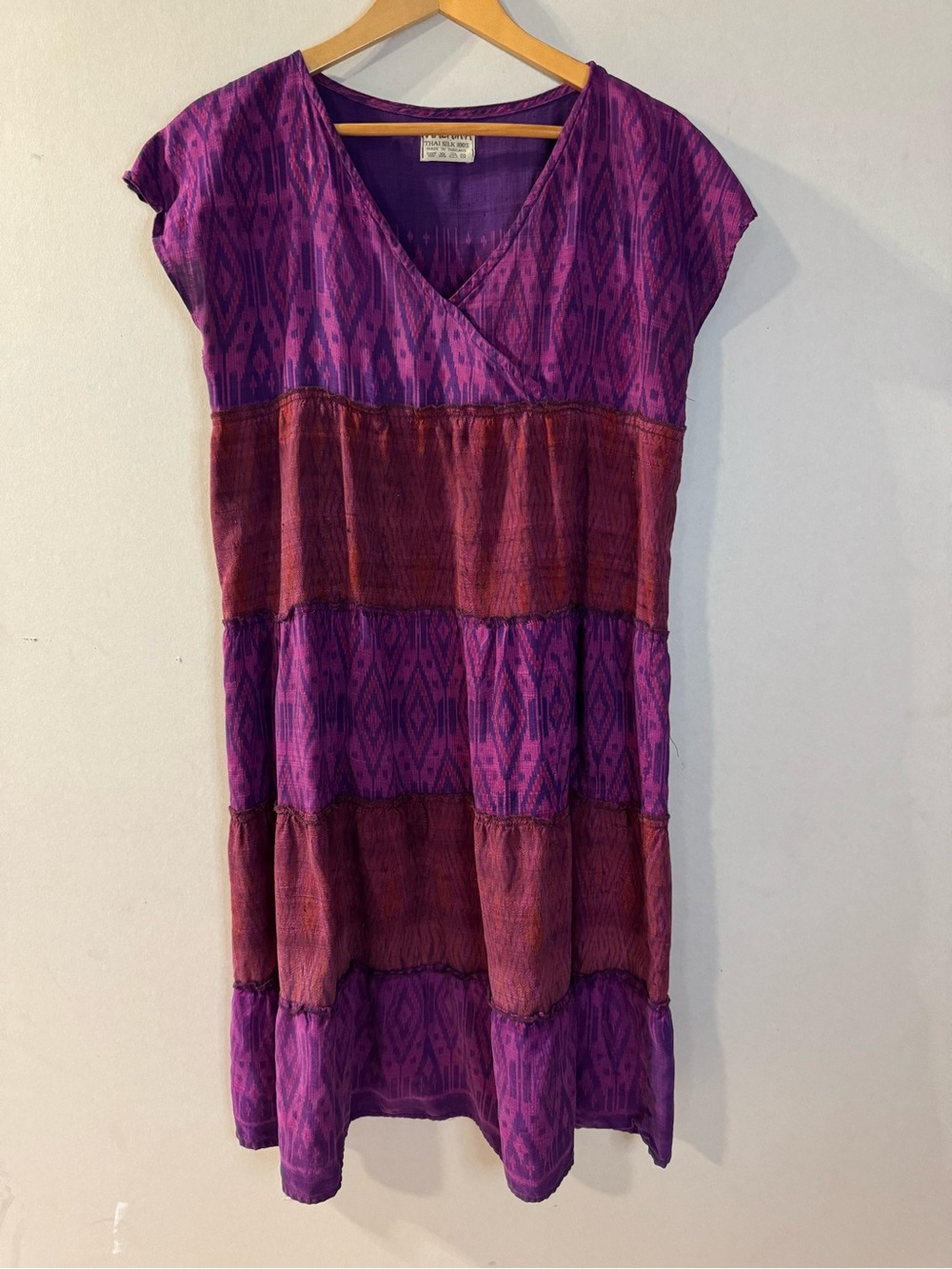 100% Thai Silk Malaika Purple Ikat Dress Made in Thailand Boho Women’s M
